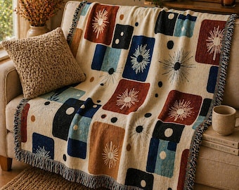 Woven Blanket Atomic Starburst | Mid Century Modern Cotton Throw, Retro Gift
