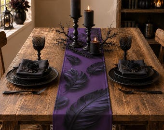 Chemin de table gothique corbeau | Décoration de salle à manger d'Halloween violet noir, sorcière sombre, cadeau effrayant