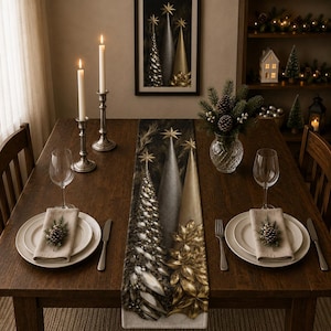 Table Runner Art Deco Christmas | Gold Silver Trees, Elegant Holiday Dining, Hostess Gift