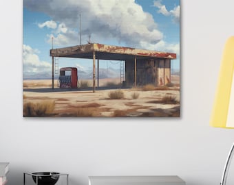 Desert Gas Station Canvas Print: Moody Painterly Style