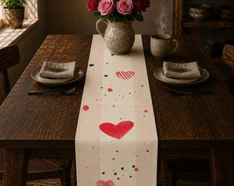 Table Runner Cottagecore Hearts | Cotton or Polyester, Hand Drawn Art with Homespun Charm