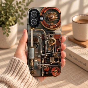 May include: A smartphone case featuring a detailed mechanical design with copper and silver-toned pipes, gears, and circular components. The graphic includes intricate metallic textures, small valves, and a rectangular gauge with grid markings.