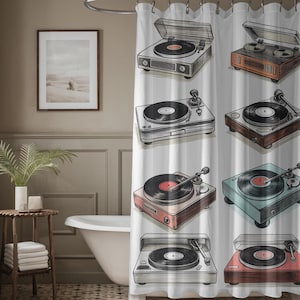 Vintage Record Player Shower Curtain: Retro Music Bathroom Decor