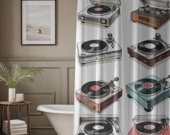 Cortina de chuveiro vintage com toca-discos: decoração retrô para banheiro com tema musical.