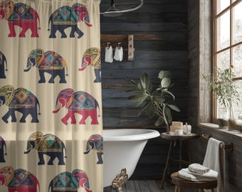 Indian Elephant Shower Curtain 71"x74" Boho Mandala Marching Elephant Design Exotic Bathroom Decor Vibrant Cultural Unique Bohemian Style