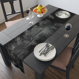 Graveyard Halloween Table Runner: Gothic Cemetery Scene Decor