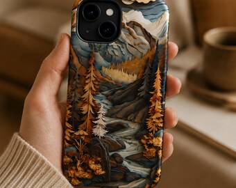 Phone Case MagSafe Autumn Mountain | Faux Wood Forest Art, Nature Gift, iPhone Samsung Galaxy