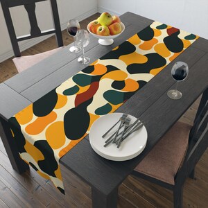 Mid Century Modern Table Runner Retro Organic Shapes in Mustard Orange and Teal Vintage Mod Decor for Dining Table or Bed Runner