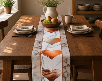 Table Runner Valentines Day | Orange Hearts Marble Design, Dining Decor, Farmhouse Table Gift
