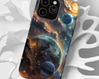 Crystal Planets Celestial Phone Case: Metallic Galaxy Design