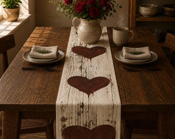 Table Runner Red Wood Hearts | Rustic Cottagecore Dining Decor, Farmhouse Hostess Gift
