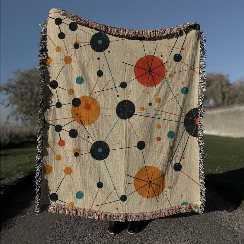 Atomic Molecule Woven Blanket: Mid-Century Modern Space Age Throw
