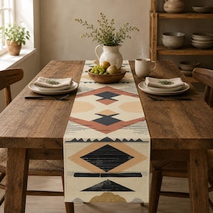 May include: A rectangular table runner featuring a geometric pattern in shades of cream, terracotta, and charcoal gray. The design includes repeating diamond and triangular shapes printed on a light fabric, centered on a wooden dining table.