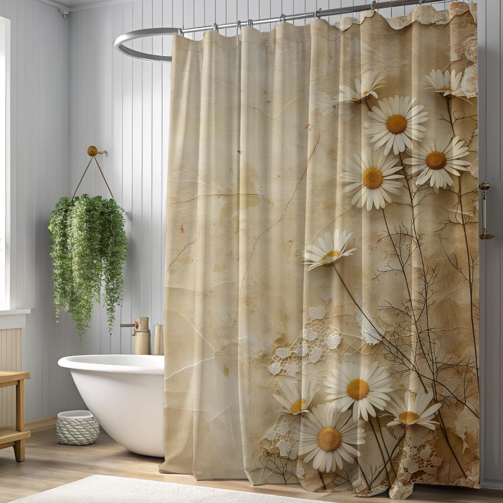 Vintage Daisy Shower Curtain 71"x74" Sepia Floral Print Elegant Botanical Bathroom Decor Retro Cottagecore Style Antique Botanical Aesthetic