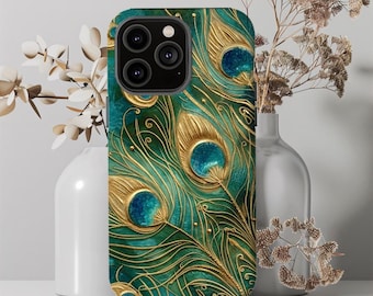 Teal Peacock Phone Case in glossy or matte, dual layer protection