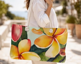 Weekender Tote Bag Retro Hawaiian Plumeria | Tropical Floral Art, Travel Gift, Rope Handles