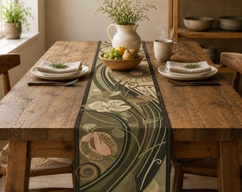 Art Nouveau Table Runner: Green Floral Botanical, Elegant Dining Decor