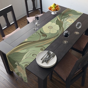 Green Art Nouveau Floral Table Runner: Elegant Home Decor
