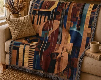 Woven Blanket Music Themed | Musician Gift 100% Cotton, Midcentury Modern Throw