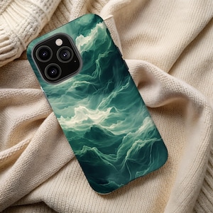 Jade telefoonhoesje, bergwolken, groene steenpatroon, iPhone 16 15 14 13 12 Samsung S25 S24 S23 S22 pixel 9 8 7, cadeau voor natuurliefhebber
