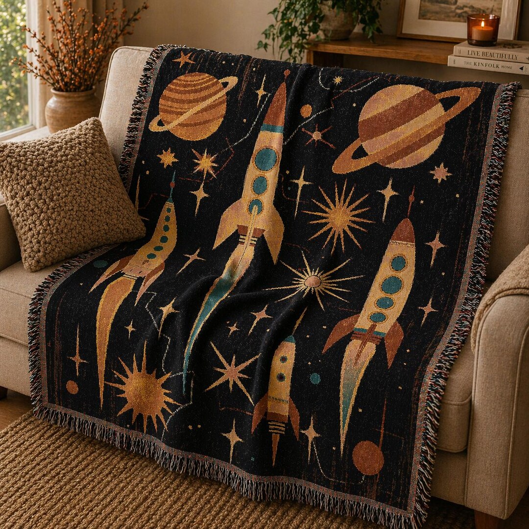 Retro Space Age Woven Blanket: Mid-century Modern Rocket Throw - Etsy