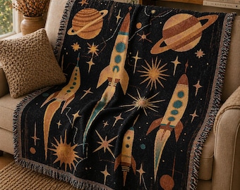 Woven Blanket Retro Space Age | Mid Century Modern Rocket Cotton