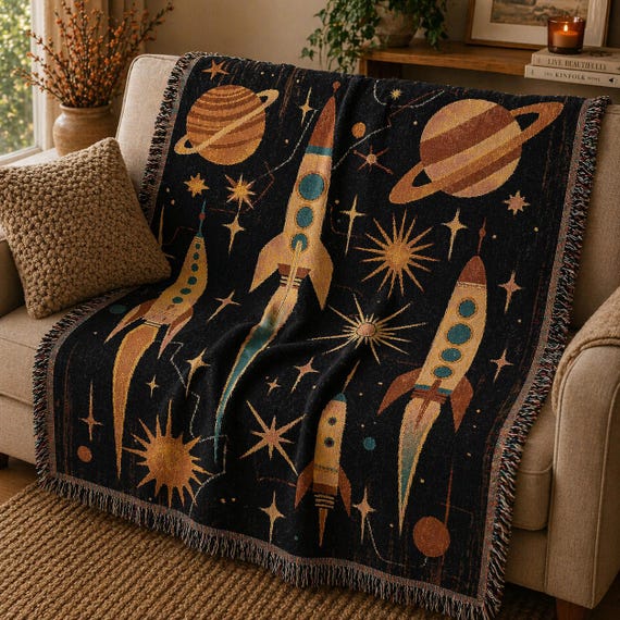 Retro Space Age Woven Blanket: Mid-century Modern Rocket Throw - Etsy