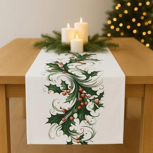 Chemin de table de Noël calligraphie : décoration houx inspirée de Baskerville