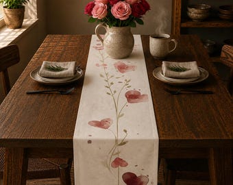 Table Runner Watercolor Hearts, Valentines Day Cottagecore Wedding Decor in Cotton or Polyester