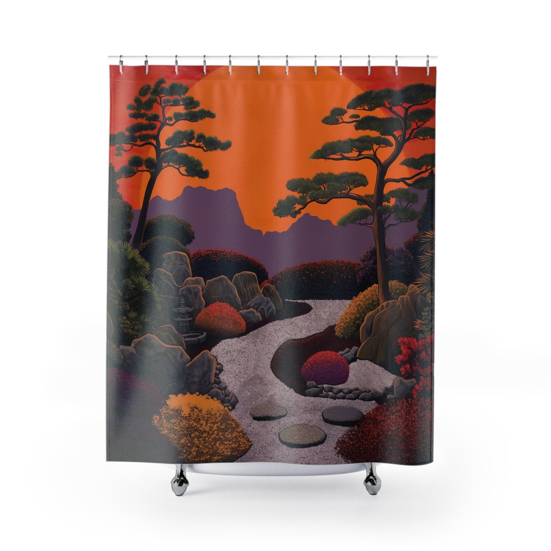 Sunset Zen Garden Shower Curtain Hokusai Inspired Warm Oranges, Reds, Soft Purples High-quality ...