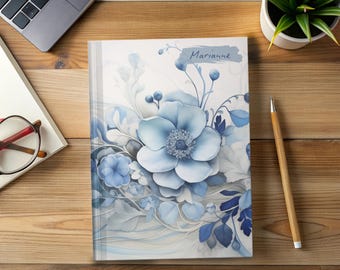 Personalized Journal Art Nouveau Blue Floral | Vintage Botanical Notebook, Elegant Gift for Her