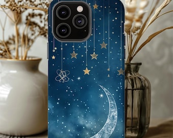 ミッドナイトブルーの星空柄スマホケース：サファイアスター＆ムーン