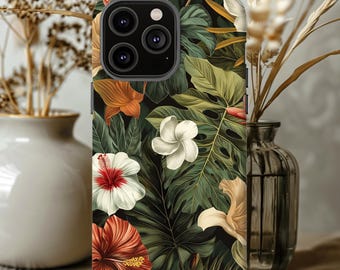 May include: A black phone case with a tropical floral design. The case features large green leaves, pink and white flowers, and a brown and orange flower.