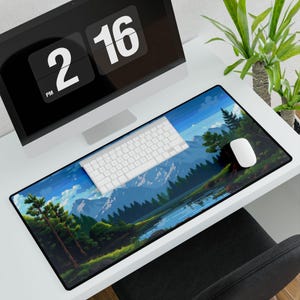Personalized Pixel Art Landscape Desk Mat: Retro 8-Bit Gaming