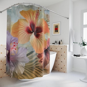 Tropical Hibiscus Flower Shower Curtain: Vintage Hawaiian Bathroom Decor