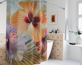 Douchegordijn Tropische hibiscus | Vintage Hawaïaans badkamerdecor, eilandcadeau, 71 x 74 inch
