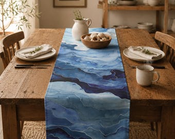 Table Runner Watercolor Ocean | Ombre Blue Coastal Dining Decor, Beach House Gift, Cotton or Polyester