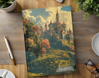 May include: A vintage-style illustration of a fairytale castle on a hilltop with a lake in the foreground. The castle has red roofs and towers, and the surrounding landscape is lush and green. The text "Jennifer L." is written in the bottom right corner of the image.