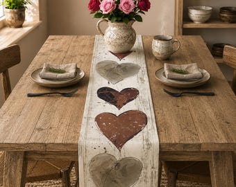 Table Runner Rustic Cottagecore Hearts | Folk Art for Wedding or Valentine's Day Decor