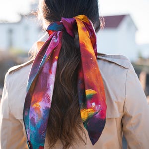 Pure silk square scarf with unique abstract painting