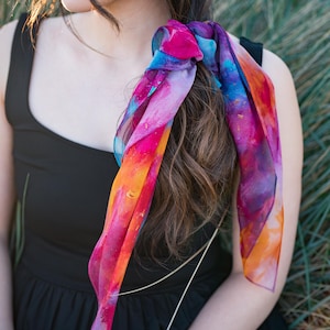 Vibrant Abstract Silk Georgette Scarf – Square Art Scarf, Colorful Wearable Art, Unique Gift for Her