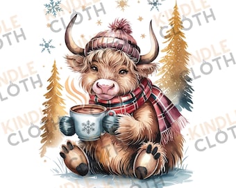 Christmas Cute Heifer Cow Sublimation Design Png Digital Download Cute Holiday Highland Cow Hot Chocolate Clip Art