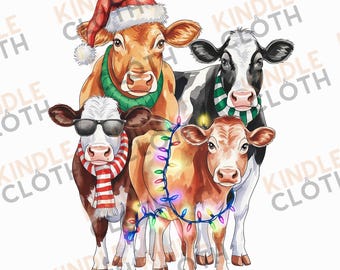 Christmas Cows Png Sublimation Design for Apparel Digital Download Cute Holiday Highland Cow Hot Chocolate Clip Art