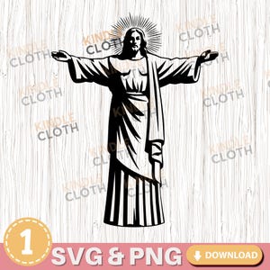 May include: Black and white illustration of a figure with outstretched arms, radiating a halo. The image includes the text "SVG & PNG" and a download button, suggesting a digital design or graphic.