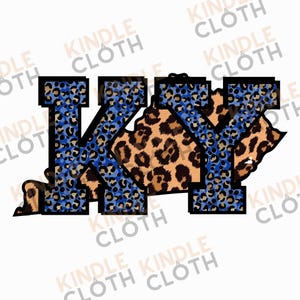 May include: Blue and brown leopard print letters spelling "KY" with a black outline. The letters are in a collegiate style font.