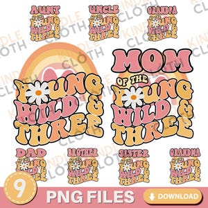 Daisy Young Wild and Drei Geburtstag Png Digital Download Bundle Frühling Geburtstag Thema 3.Geburtstag Mädchen Tshirt Boho Sublimation Designs