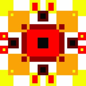 May include: A symmetrical pattern with a red square in the center surrounded by a brown square, then a yellow square, and finally a white square. The pattern is repeated in all four corners of the image.