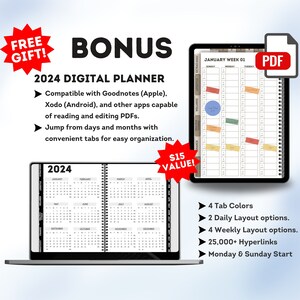 Puede incluir: Un planificador digital para 2024 con un dise&ntilde;o de calendario en blanco y negro. El planificador es compatible con Goodnotes, Xodo y otras aplicaciones que pueden leer y editar archivos PDF. Cuenta con 4 colores de pesta&ntilde;as, 2 opciones de dise&ntilde;o diario, 4 opciones de dise&ntilde;o semanal, m&aacute;s de 25.000 hiperv&iacute;nculos y un inicio el lunes y el domingo.