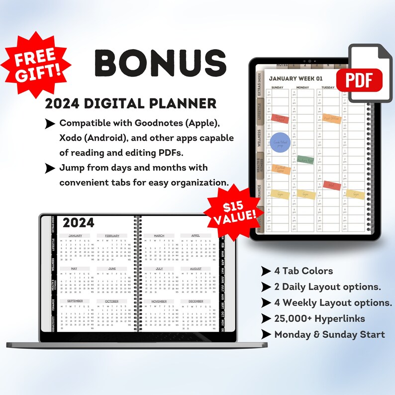 Puede incluir: Un planificador digital para 2024 con un dise&ntilde;o de calendario en blanco y negro. El planificador es compatible con Goodnotes, Xodo y otras aplicaciones que pueden leer y editar archivos PDF. Cuenta con 4 colores de pesta&ntilde;as, 2 opciones de dise&ntilde;o diario, 4 opciones de dise&ntilde;o semanal, m&aacute;s de 25.000 hiperv&iacute;nculos y un inicio el lunes y el domingo.
