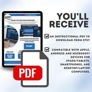 Puede incluir: Una ilustraci&oacute;n digital de un documento PDF con una etiqueta roja "PDF". La imagen muestra una lista de verificaci&oacute;n con dos elementos: un PDF de instrucciones para descargar desde Etsy y un PDF compatible con dispositivos Apple, Android y Microsoft. El texto "Recibir&aacute;s" se muestra en letras grandes y negritas.